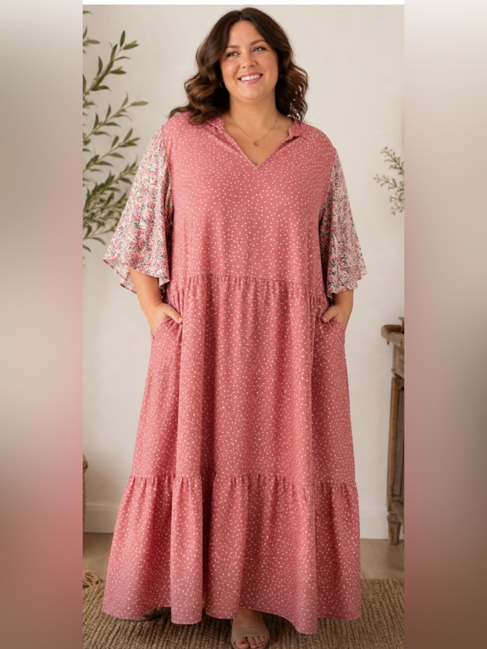Bloomchic Women's Dusty Rose Polka Dot Maxi Dress with Floral Flutter Sleeves